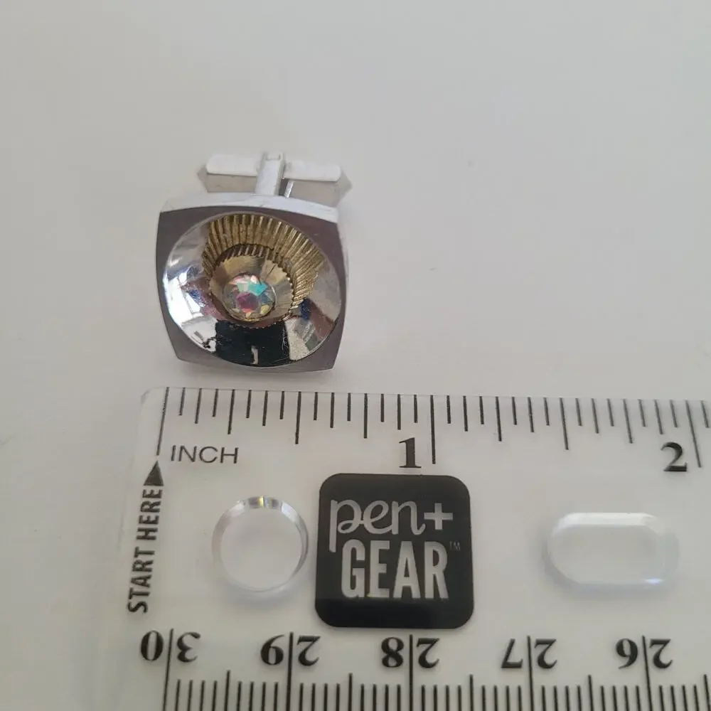 Silver Tone Logo Cufflinks Vintage Square Retro Circonia Space Age Mid Century‎